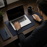 Premium Navy Leather Desk Set — Desk Pad, Mouse Pad & Coaster Bundle