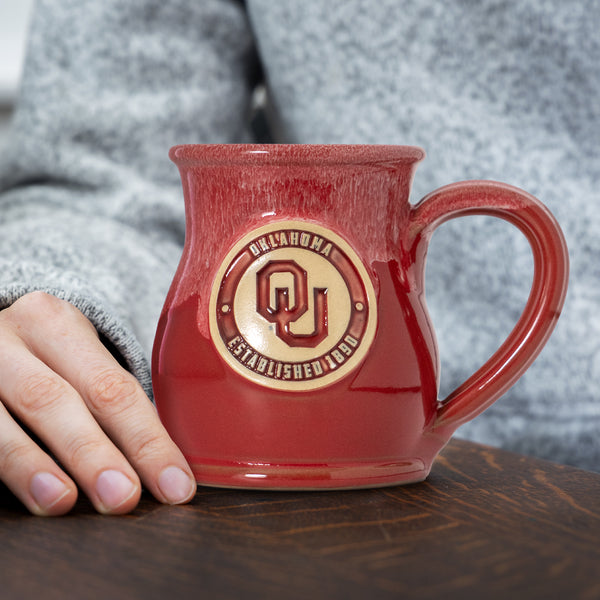 Oklahoma Sooners 14-oz Two-Tone Tall Belly Mug, Handmade Large Ceramic Coffee Mug With Team Logo, Premium Deneen Pottery Made in USA