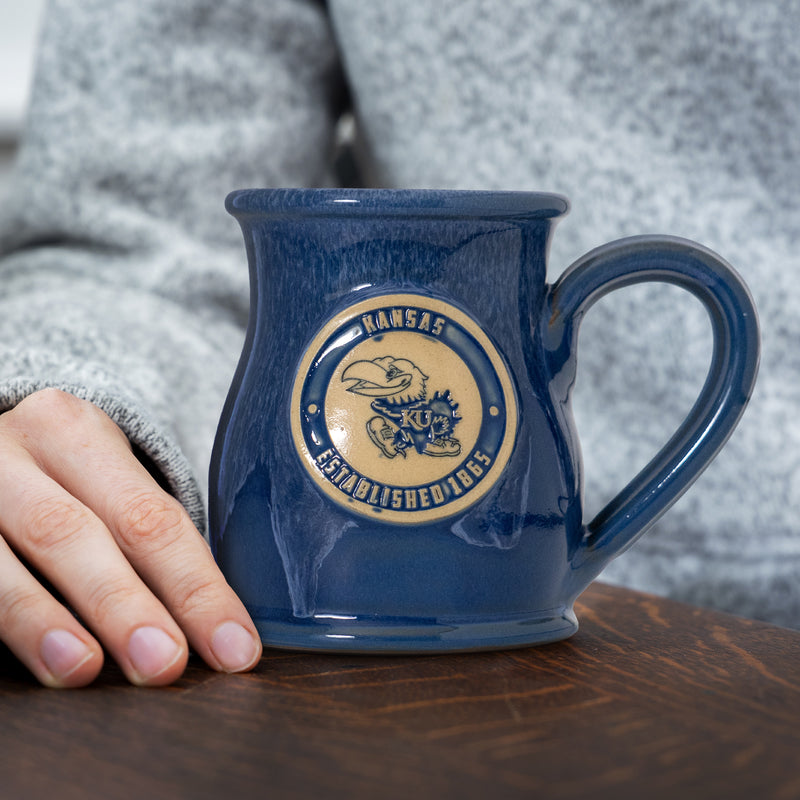 Kansas Jayhawks 14-oz Two-Tone Tall Belly Mug, Handmade Large Ceramic Coffee Mug With Team Logo, Premium Deneen Pottery Made in USA