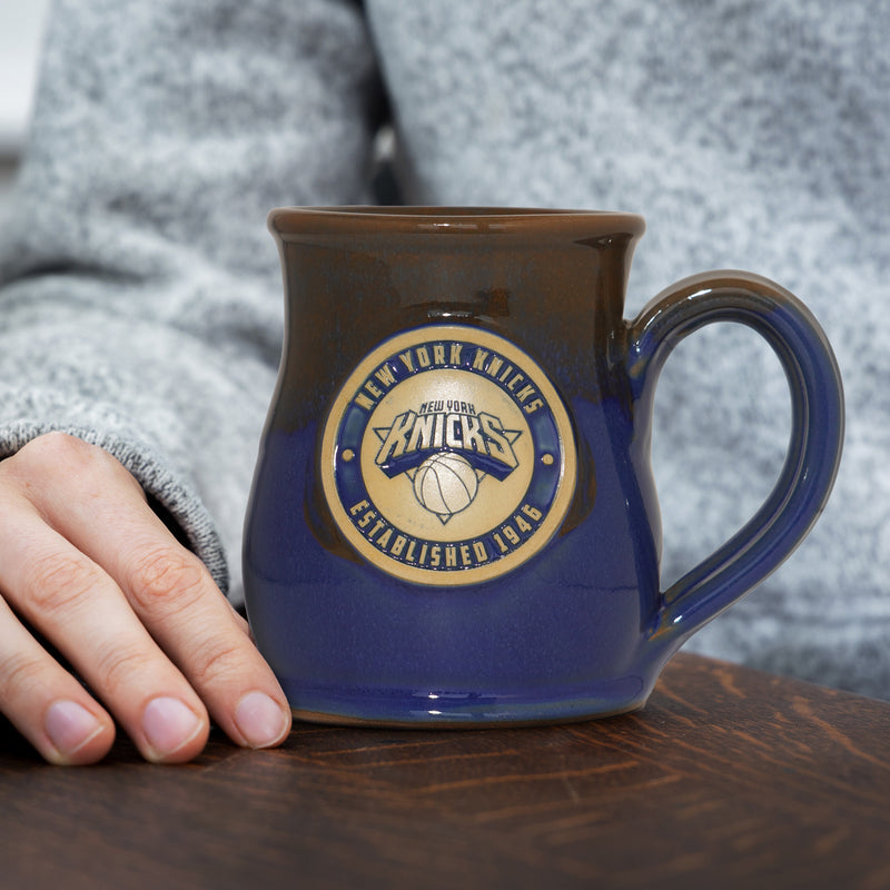 New York Knicks 14-oz Two-Tone Tall Belly Mug, Handmade Large Ceramic Coffee Mug With Team Logo, Premium Deneen Pottery Made in USA